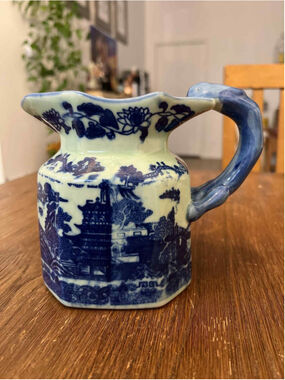 Victoria Ware Ironstone Blue White Pitcher 5.5” Pagoda Lotus Transferware EUC